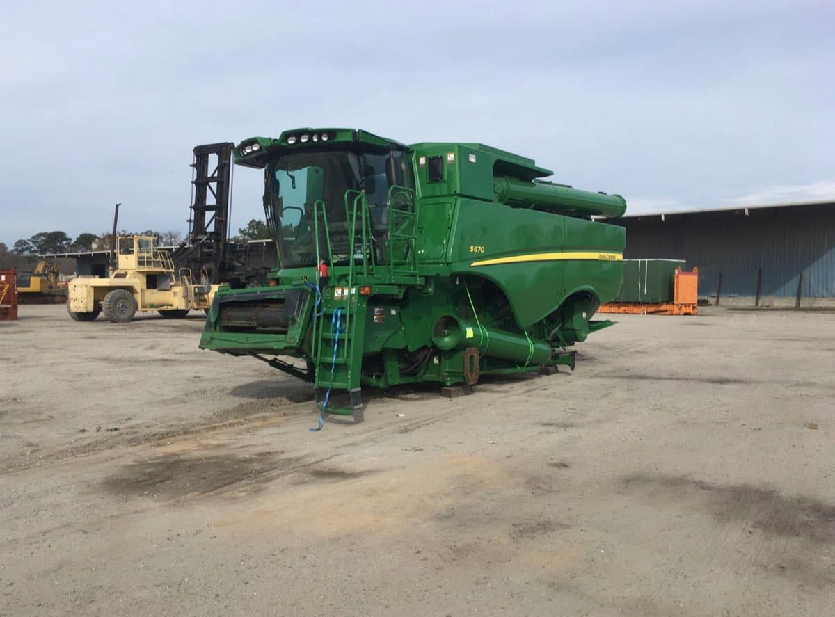 John Deere S670 combine at the port with export documents cleared